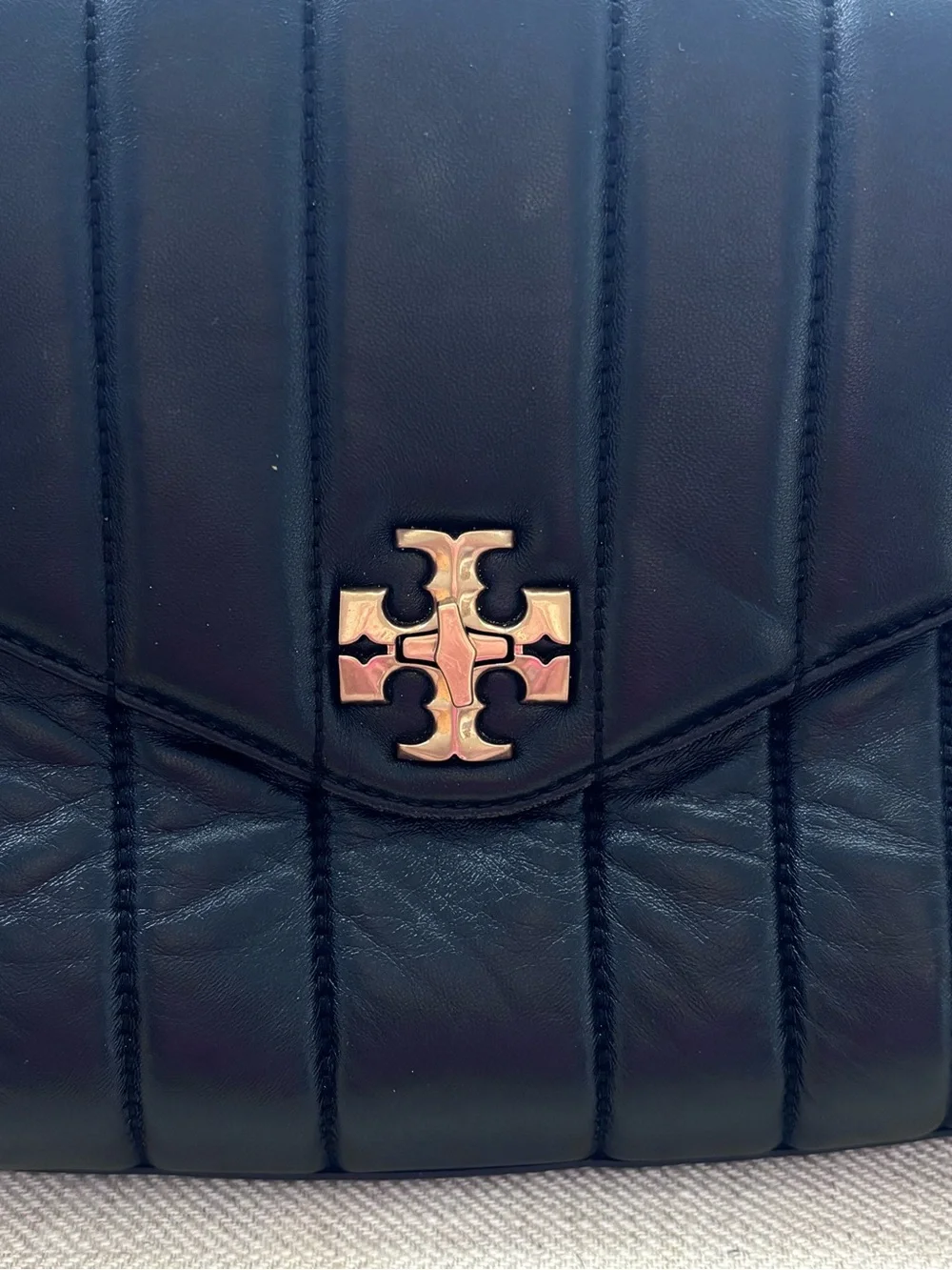 Tory Burch Kira Small Black Leather Single Top Handle Quilted Satchel Handbag